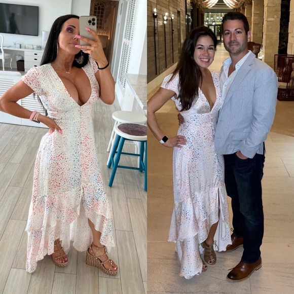 Hutch Multi Color Heart Maxi Dress White Satin Hi Low short sleeves V-neck 10 - Picture 15 of 15